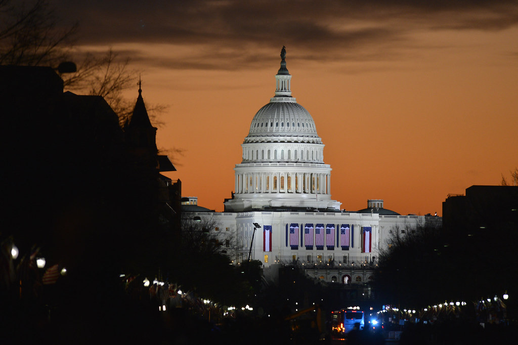 The United States Capitol at dusk, printed here in two-tone show ink